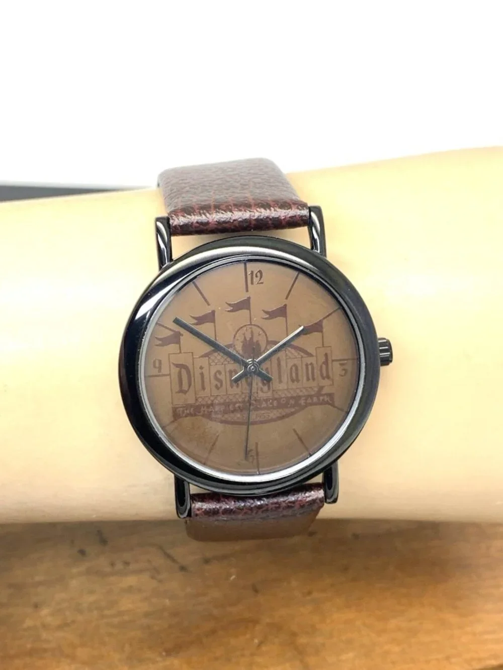 Disney Time Works Disneyland Unisex Watch Black Quartz Brown Leather Strap 34mm